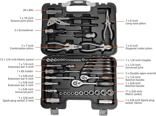 Miniatura 2 de Amazon Basics Juego de herramientas manuales de mecánico y reparación del hogar general de 65 piezas con estuche de almacenamiento, portátil, asas