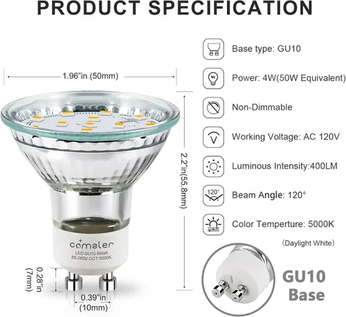 Miniatura 6 de comzler Bombillas LED GU10, bombilla GU10 de 5000K luz blanca diurna, repuesto de bombilla LED para iluminación empotrada de riel, equivalente a