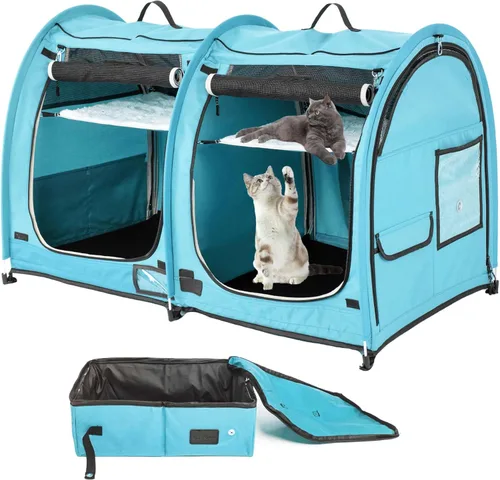 Mispace - Jaula/Casa portátil para gatos con doble compartimento de exhibición, fácil de plegar y transportar, cómoda jaula de viaje para cachorros