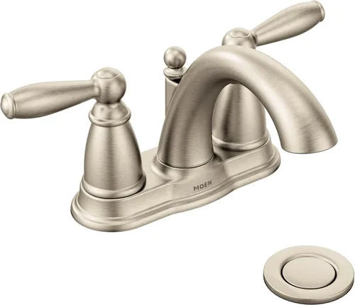Moen Brantford de níquel cepillado - Grifo de baño de arco bajo con dos manijas, montaje tradicional de centro con desagüe, 6610BN