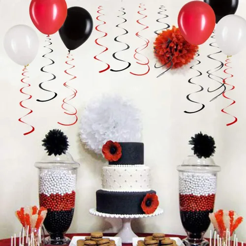 Miniatura 3 de MOWO Decoración Colgante de Remolino de Papel Metalizado Negro y Rojo para Cumpleaños Graduación Boda Año Nuevo Halloween Suministros de Fiesta
