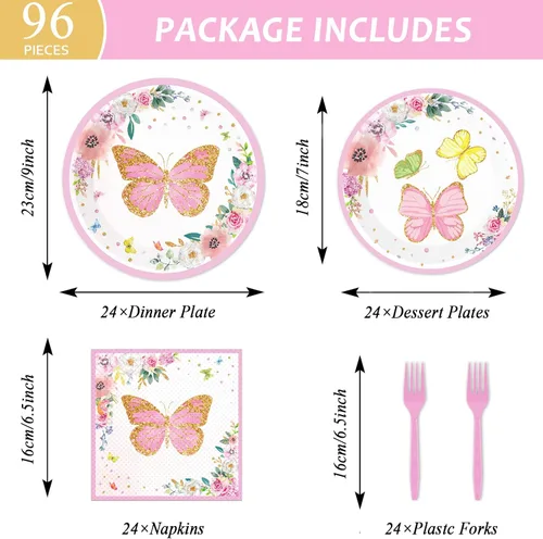 Miniatura 2 de Juego de vajilla de fiesta de mariposa para 24 invitados, diseño floral de mariposa, primavera, fiesta de cumpleaños, platos de papel, servilletas