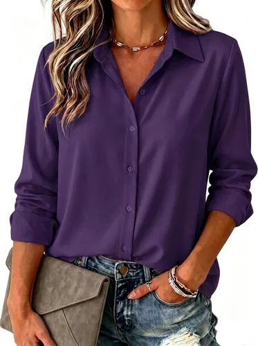 Miniatura 19 de Zeagoo Blusa para mujer, de manga larga, con botones, casual, ligera, lisa/estampada