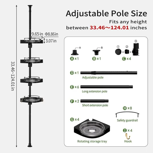 Miniatura 2 de shuang qing Organizador de Ducha de Esquina Giratoria de 360° con Poste de Tensión - Organizador de 4 Niveles Ajustable de Metal Resistente a