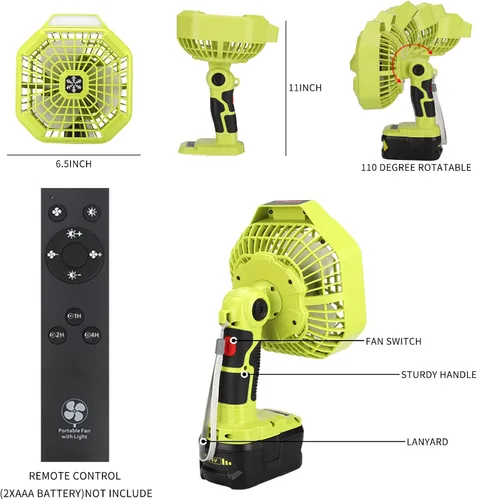 Miniatura 7 de Taingwei Ventilador inalámbrico con control remoto para batería Ryobi de 18 V, ventilador portátil con 3 ajustes de velocidad de eficiencia
