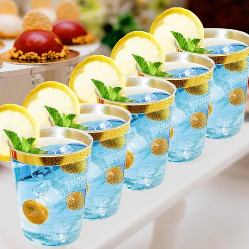 Miniatura 8 de FOCUSLINE Vasos de plástico dorado de 10 onzas, vasos desechables de plástico duro transparente, borde dorado, resistentes, reutilizables, 100