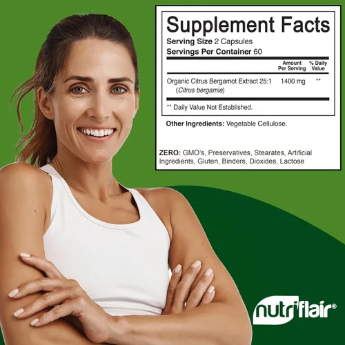 Miniatura 2 de NutriFlair Bergamota cítrica orgánica de 1400 mg, 120 cápsulas – Bergamia 25:1 – Aceite esencial y bioflavonoides cítricos – Suplementos naturales