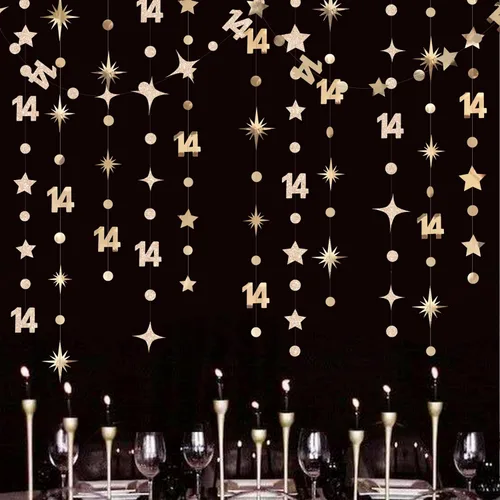 Miniatura 6 de Decoración de cumpleaños número 14, color negro, con número 14, guirnalda de estrellas con puntos circulares, metálica, para colgar banderines