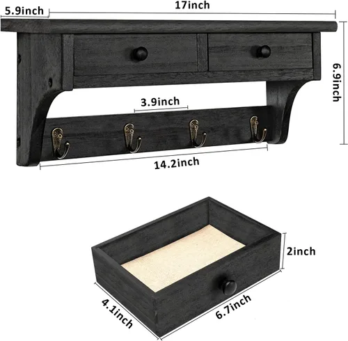 Miniatura 6 de Emfogo - Ganchos de pared de madera con estilo rústico, montados en la pared, con 4 ganchos y estante para entrada, cuarto de servicio, dormitorio