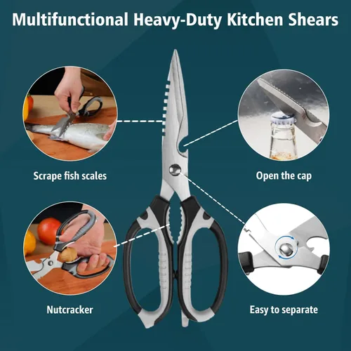 Miniatura 6 de BoFuYuan Tijeras de cocina, tijeras multiusos de 9 pulgadas, resistentes para cortar alimentos, desmontables, aptas para lavavajillas, hoja dentada