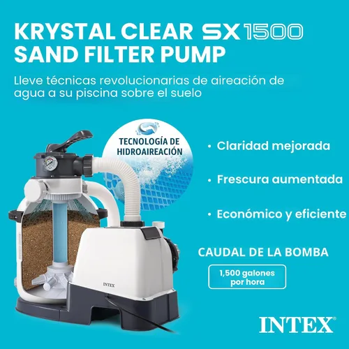 Miniatura 2 de INTEX Bomba de filtro de arena transparente Krystal de 1,500 GPH para piscinas sobre el suelo, bomba de piscina con temporizador automático