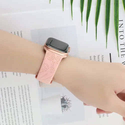 Miniatura 3 de Paquete de 6 correas de silicona grabadas con estampado floral compatibles con Apple Watch de 1.575 in 1.614 in 1.496 in 1.654 in 1.732 in 1.772 in