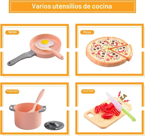 Miniatura 5 de 80 piezas de juego de cocina de simulación para niños pequeños, juego de utensilios de cocina con ollas/sartenes/comida/frutas/verduras/manta de Rosa