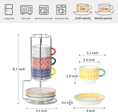 Miniatura 4 de Selamica Tazas de café expreso de cerámica con platillos y soporte de metal, tazas demitasse apilables de 2.5 onzas para café expreso, latte, café