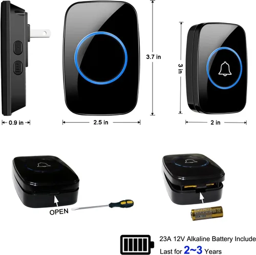 Miniatura 6 de Timbre inalámbrico, kit de timbre de puerta impermeable, distingue puertas delanteras y traseras, alcance de más de 1000 pies y 60 melodías, 5 Negro