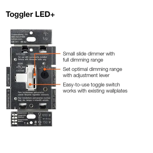 Miniatura 11 de Lutron Ariadni/Toggler LED+ Interruptor Regulador de Luz para LED Regulable, Halógeno e Incandescente Interruptor Dimmer, 150W, Unipolar/3-Vías
