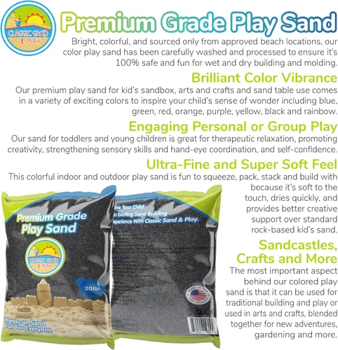 Miniatura 2 de Arena clásica de color negro Sand and Play, bolsa de 20 libras, natural y no tóxica, divertida húmeda y seca en interiores y exteriores, caja