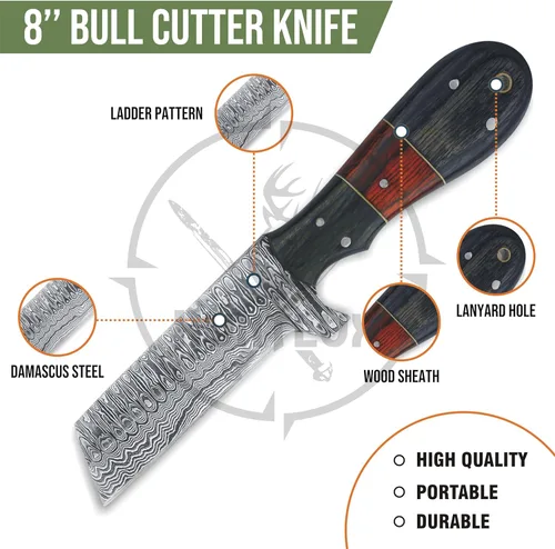 Miniatura 2 de Cuchillo cortador de toros de acero inoxidable de 8 pulgadas con funda para cinturón, cuchillo vaquero de espiga completa con mango de madera, hoja