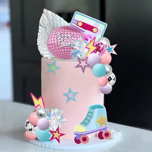 Miniatura 8 de 40 adornos para tartas de patinaje de los años 80 y 90, decoración retro de cumpleaños de niña con mini bolas para patinaje, suministros de fiesta