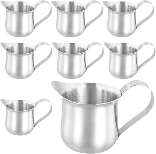 Miniatura 10 de KEILEOHO Paquete de 8 jarras pequeñas de metal de 3 onzas, jarra de crema de acero inoxidable, cremas en forma de campana con boquilla de vertido