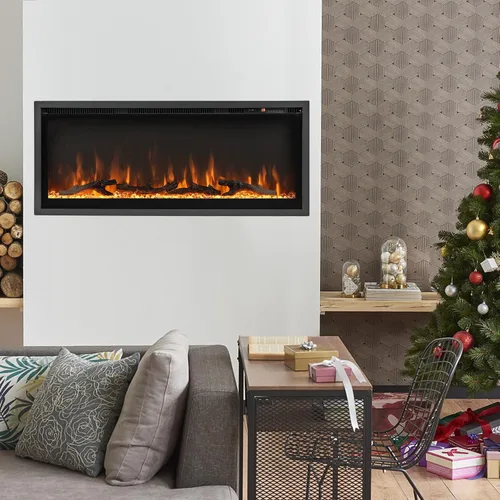 Miniatura 2 de Tangkula Chimenea eléctrica de 42 pulgadas empotrada en la pared, montada en la pared e independiente, calentador lineal de chimenea de 750 W/1500 W