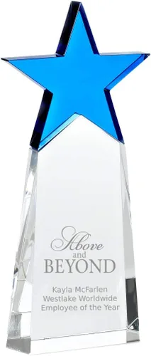 Baudville Trofeo grabado – Cristal – Torre con estrella en la parte superior – Premio para empleados – Grabado personalizado de hasta cuatro líneas