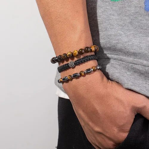 Miniatura 2 de Juego de pulseras de cuentas para hombre de 0.315 in y 0.157 in de piedras preciosas curativas trenzadas con dije de circonita cúbica, pulsera
