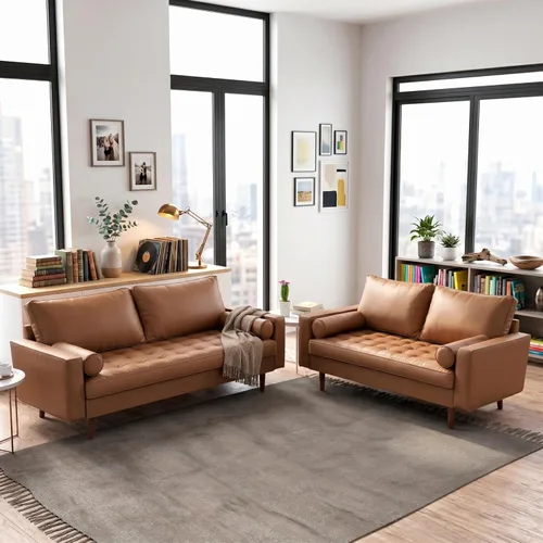 Miniatura 10 de Container Furniture Direct Womble Mid Century Modern Couch with Bolster Pillows, PU Leather Upholstered Tufted Seat, Versatile Retro Design for