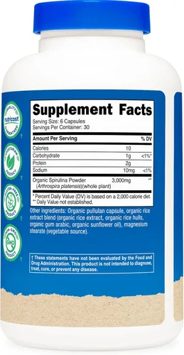 Miniatura 5 de Nutricost Espirulina 3,000 mg, 180 cápsulas para 30 porciones - Certificado CCOF fabricado con espirulina orgánica, sin gluten, vegetariano