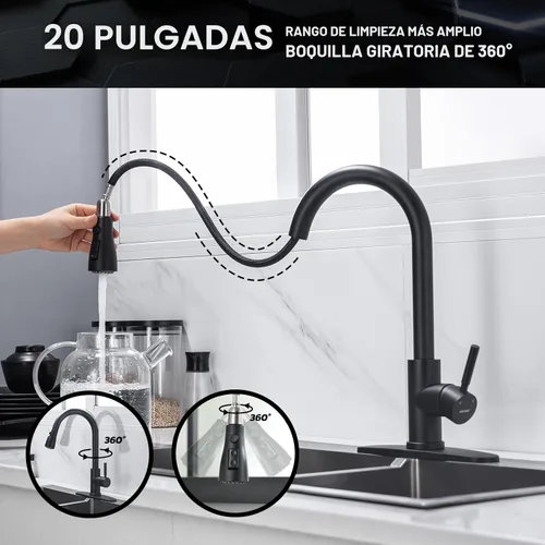 Miniatura 4 de WEWE Grifo de cocina negro, a prueba de fugas, con rociador extraíble, acero inoxidable comercial, de un solo agujero, grifo de fregadero de cocina