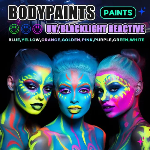 Miniatura 5 de Go Ho Pintura corporal azul neón lavable (2.37 onzas, 2.4 fl oz), pintura facial neón con luz negra UV, pintura facial azul fluorescente a base