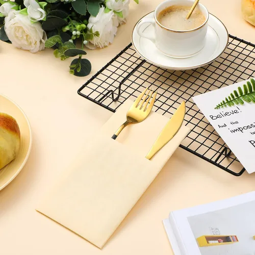 Miniatura 3 de Cindeer 150 piezas de servilletas de cena con sensación de lino champagne con bolsillo plano incorporado para cubiertos, preplegadas, servilletas