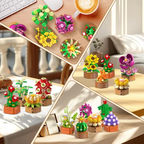 Miniatura 9 de CUBIMANA Paquete de 15 mini construcción de flores y plantas, colección botánica de flores, juguete de bloque de 0.142 in para decoración de oficina