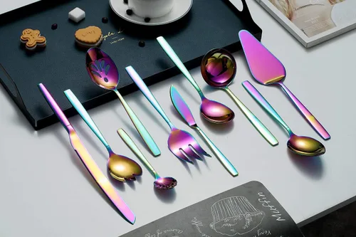 Miniatura 2 de HOMQUEN Juego de 4 cucharas de postre arcoíris de acero inoxidable de 7.5 pulgadas de diseño moderno, chapado en titanio colorido, apto
