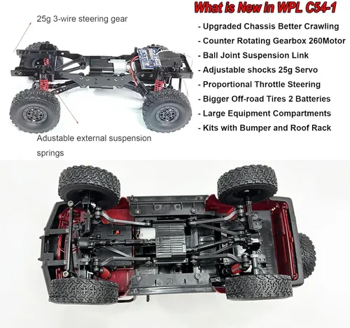 Miniatura 5 de WPLDEWAN RC Crawler WPL C54-1 RC Truck 1/16 RC Rock Crawler 4x4 Camión de control remoto todoterreno todo terreno RTR proporcional 260 motor