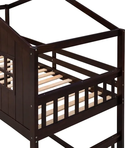 Miniatura 9 de JIVOIT Litera de casa, litera de tamaño individual sobre individual con escalera, litera de madera con barandillas en forma de techo, ventana