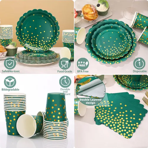 Miniatura 7 de 175 piezas de decoración de fiesta verde y dorada - Suministros de fiesta con platos y servilletas verdes - Platos de papel festoneados