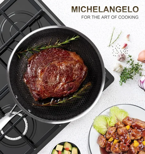 Miniatura 7 de MICHELANGELO Sartén de 30 cm de acero inoxidable con tapa, antiadherente con revestimiento de nido de abeja, sartén triple - Compatible con inducción