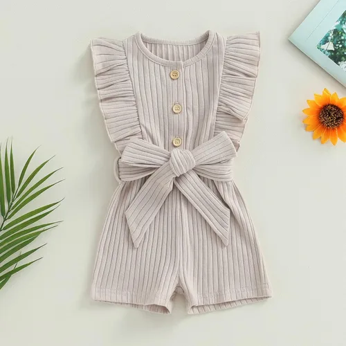 Miniatura 2 de AEEMCEM Mameluco corto para bebé niña con volantes, sin mangas, con botones, cinturón, traje de verano