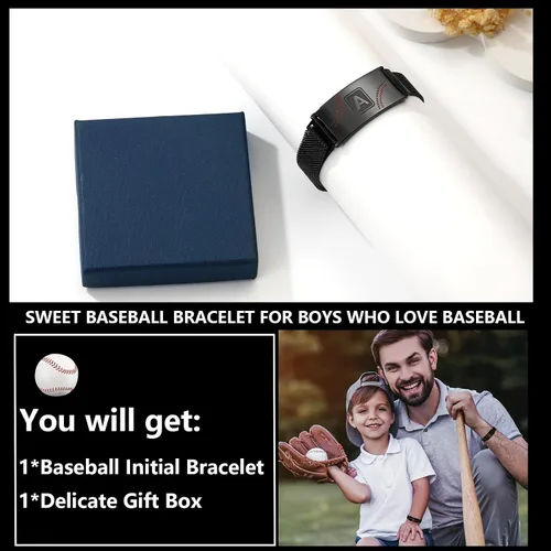 Miniatura 6 de Fervia Regalos de graduación de Pascua para hombres, pulsera con inicial de béisbol, color negro, plateado, dorado, acero inoxidable, pulseras