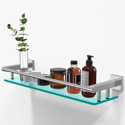 Estante de vidrio de 20 pulgadas para baño, estantes de vidrio de níquel cepillado para pared con barandilla de acero inoxidable suave, estante
