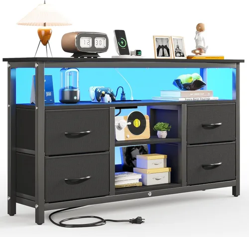 Miniatura 9 de Haewon - Soporte de TV negro con luces LED y tomas de corriente, centro de entretenimiento para TV de 55 pulgadas, mesa de consola de medios con 4