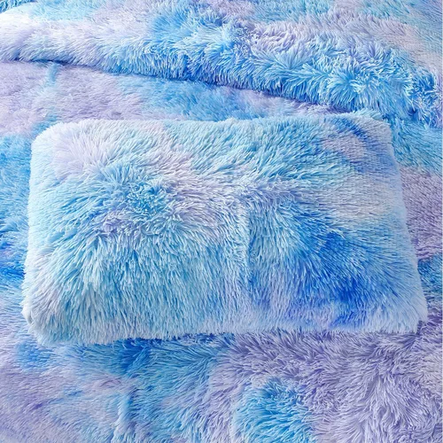 Miniatura 6 de PERFEMET Juego de cama de 3 piezas de felpa azul peluda tamaño queen, estampado de teñido largo, ropa de cama arcoíris de piel sintética para niñas