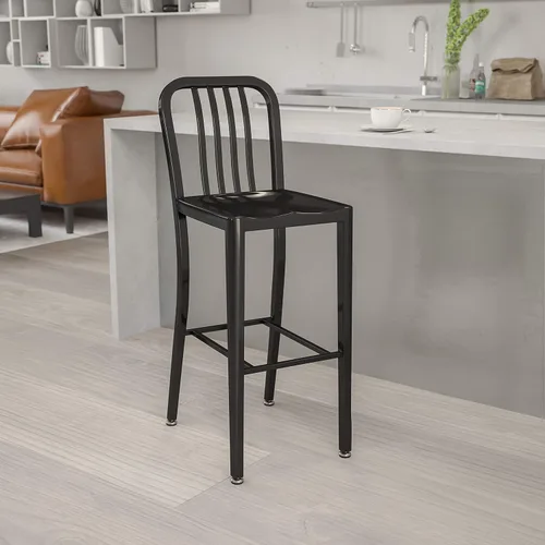 BizChair Taburete de bar de metal negro para interiores y exteriores de 30 pulgadas de alto con respaldo de listón