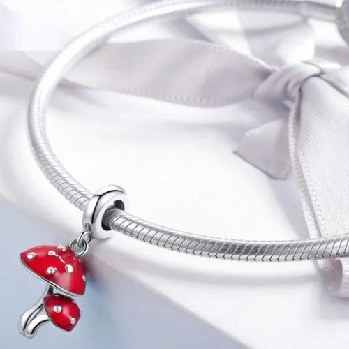 Miniatura 2 de Dijes de plata de ley 925 con forma de hongo y esmalte rojo y verde, flor de campanilla, cactus, cuentas espaciadoras de cristal