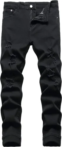 Junbaoss - Jeans elásticos ajustados para hombre, pantalones de mezclilla ajustados rasgados para hombre, pantalones de cintura flexible de pierna