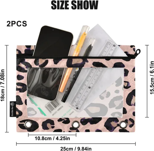 Miniatura 3 de Estuche para lápices con estampado de leopardo y guepardo rosa para carpeta de 3 anillos, 2 bolsas para lápices con cremallera, estuche transparente