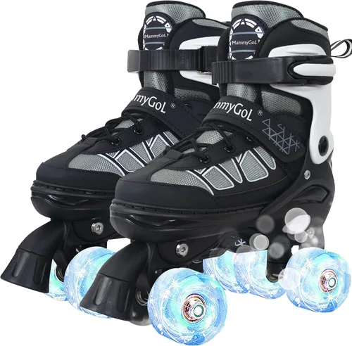MammyGol Roller Skates for Kids Boys Girls, Adjustable Quad Skates with Light Up Wheels for Toddler Little Kids Ages 6-12, Beginners Outdoor Sports