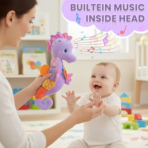 Miniatura 3 de Juguetes para bebés de 0 a 6 meses, animales de peluche musicales para bebés con colores brillantes, juguetes sensoriales de caballito de mar