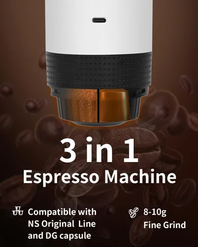 Miniatura 2 de Cafetera eléctrica portátil de espresso, cafetera de viaje compatible con café molido y cápsulas NS (Blanco con pantalla LCD)